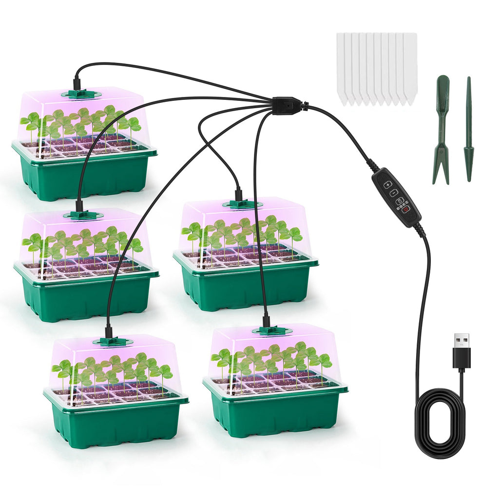 5-Pack Seed Starter Tray Kit with Grow Light & Humidity Dome