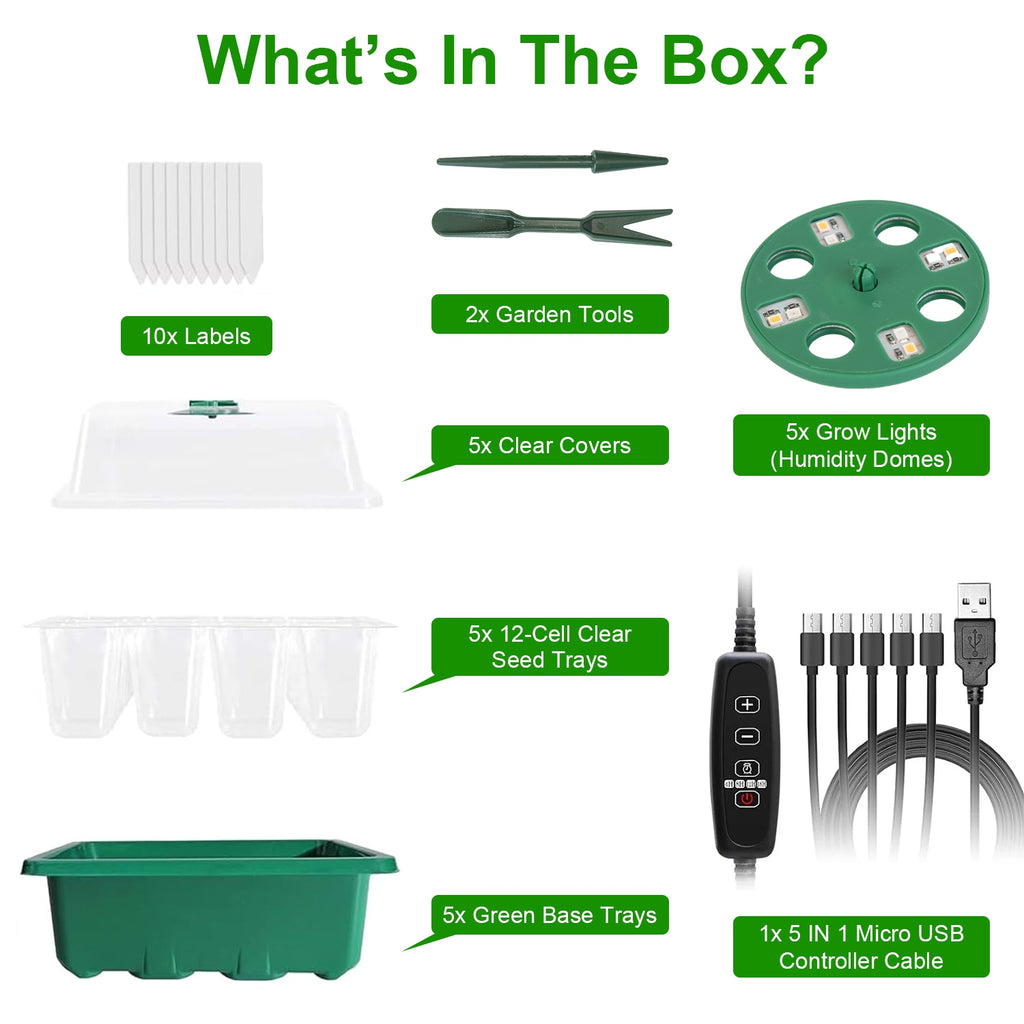 5-Pack Seed Starter Tray Kit with Grow Light & Humidity Dome