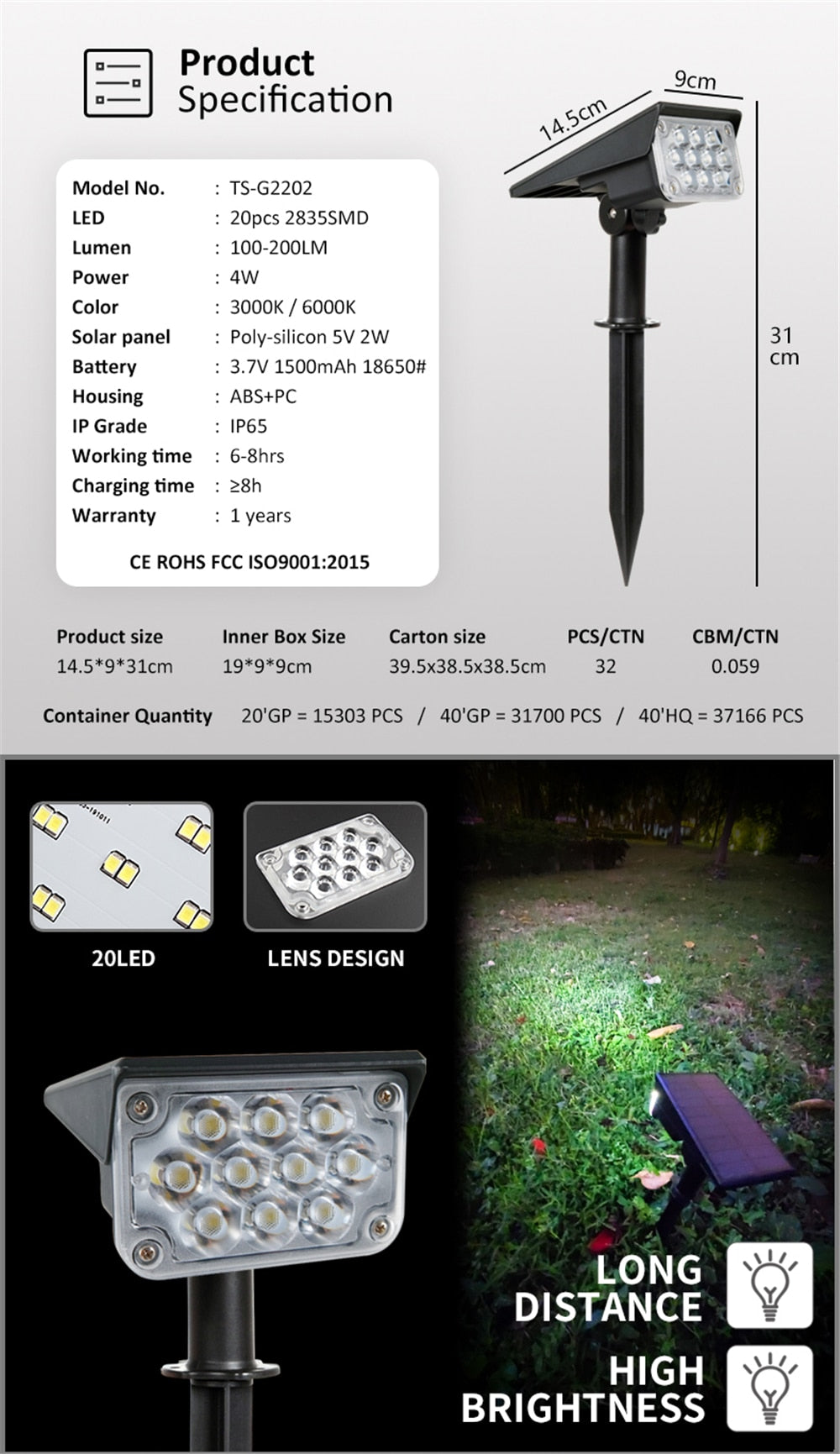 Solar-Powered Garden Spotlight - Adjustable Waterproof
